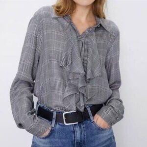 Zara Plaid Checked Black and White Ruffle button front Shirt